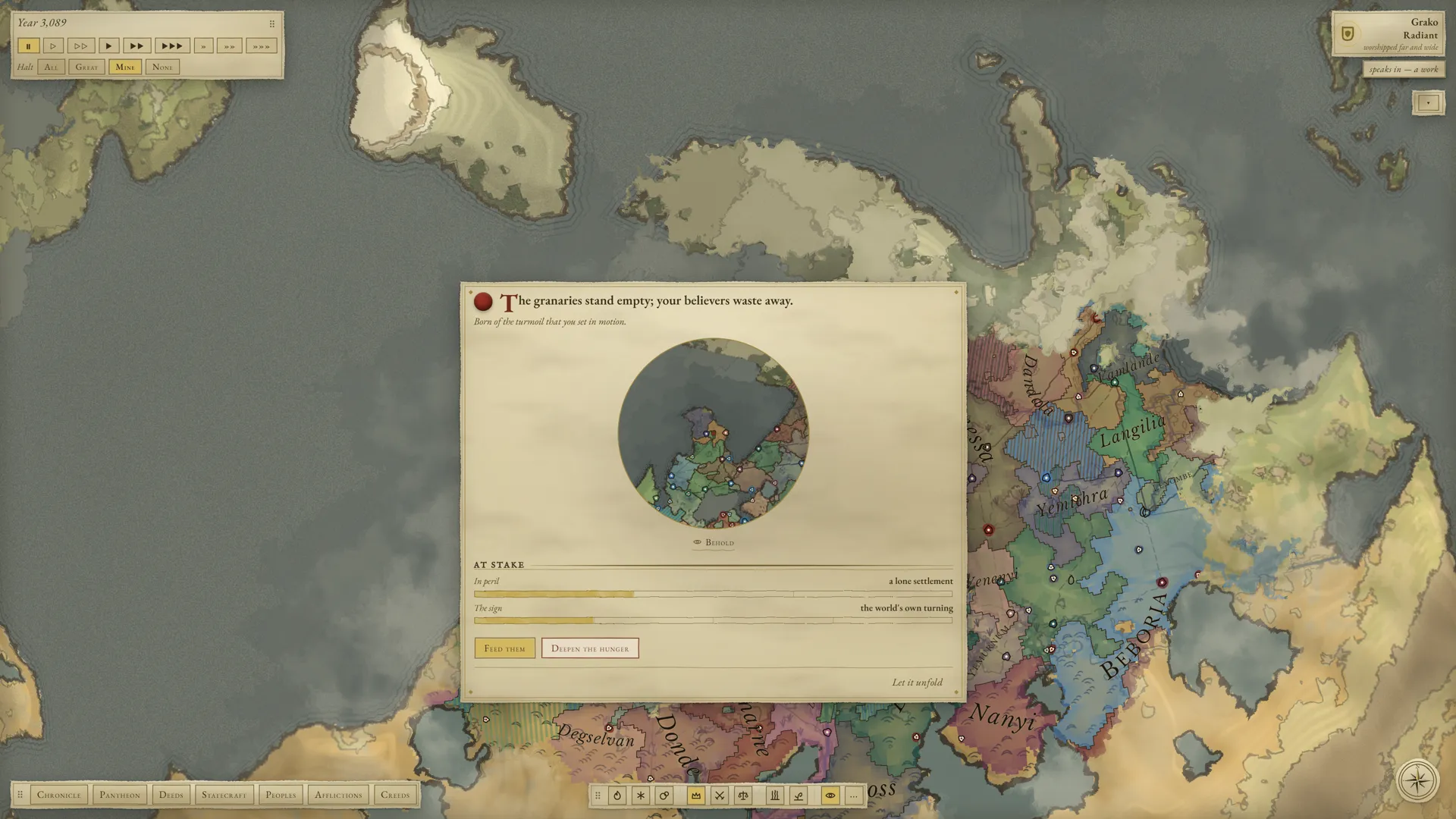 A famine omen over a fogged map: the granaries stand empty, with the choice to feed them or deepen the hunger.