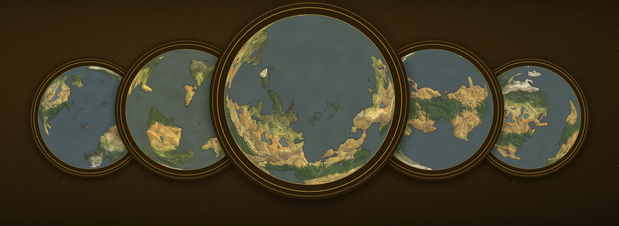 Five worlds of Chronicle of Gods, each grown from a different word, seen as globes.