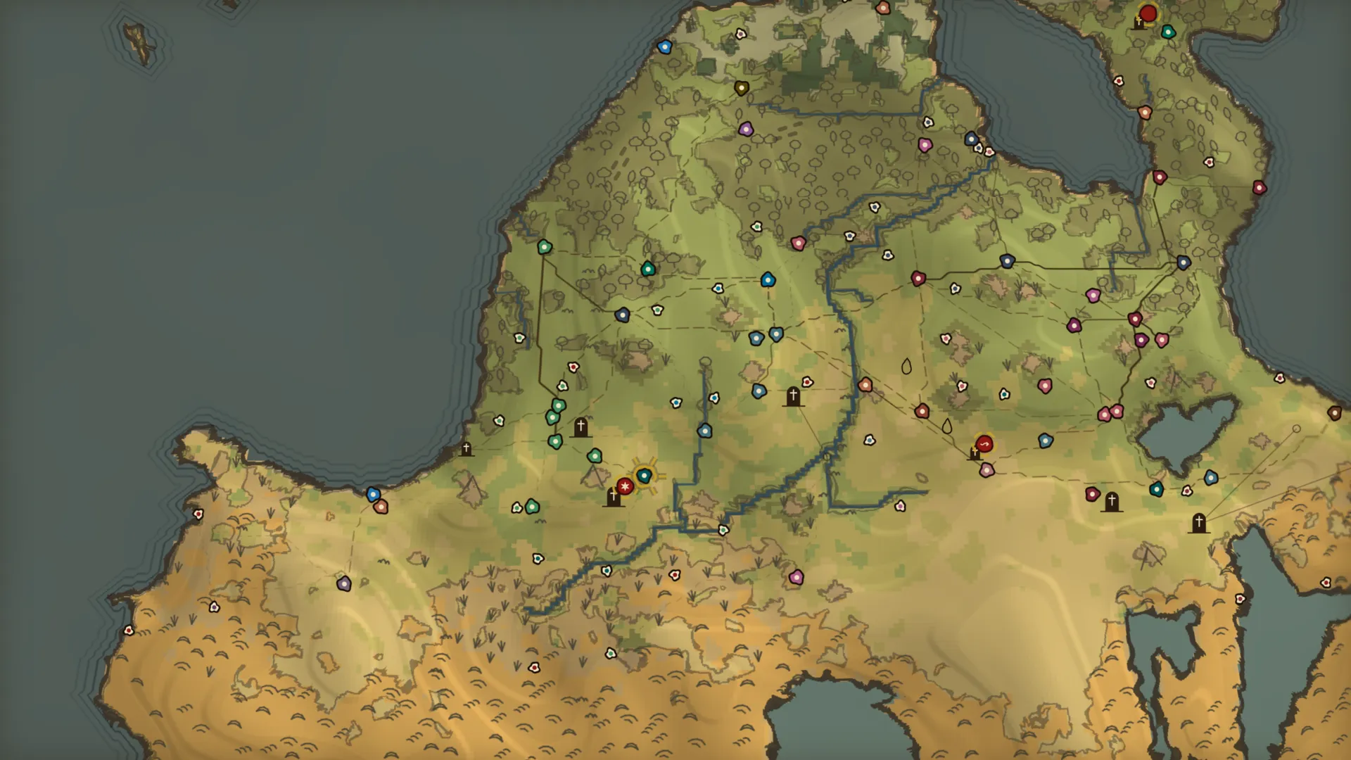 A stretch of one world’s map in the year 3060: farmland, forests, rivers and roads, dotted with towns and nomad camps. Six towns are marked.